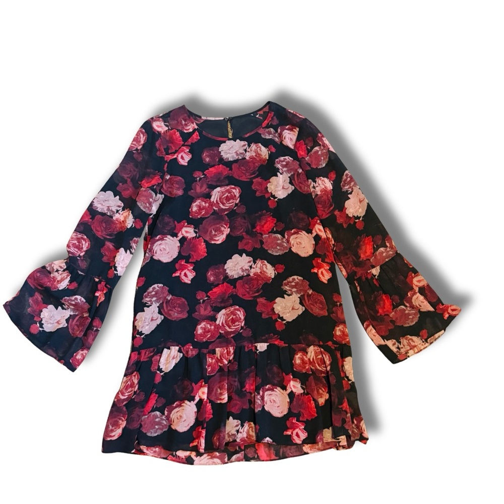 BCBGeneration Black Floral Bell-Sleeve Ruffle Mini Dress